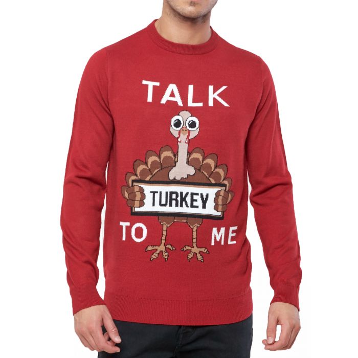 Christmas Jumpers Red Novelty Funny Xmas Knit Top Joke Talk Turkey To Me 