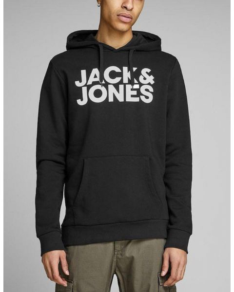 Jack & Jones Corp Logo Overhead Hooded Sweatshirts Black White | Jean Scene