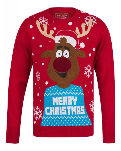 Christmas Jumper LED Light Up Xmas Rudolph George Red