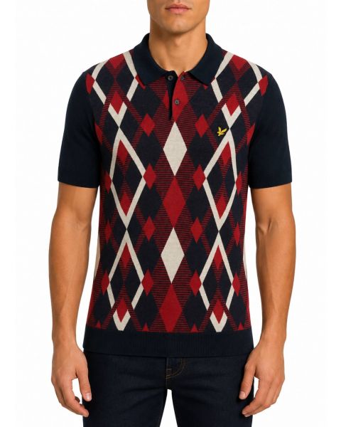 Lyle & Scott Argyle Check Knitted Polo Shirt Dark Navy Cherry | Jean Scene
