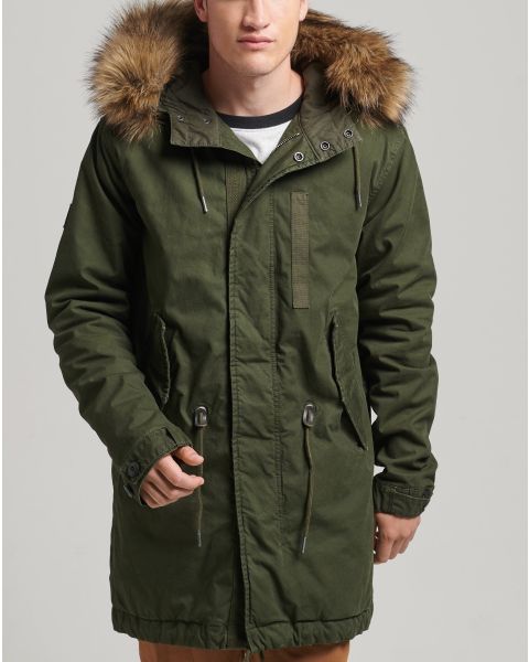 Superdry New Military Faux Fur Parka Jacket Surplus Goods Olive