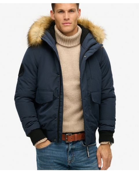 Superdry Everest Faux Fur Bomber Parka Jacket Nordic Chrome Navy
